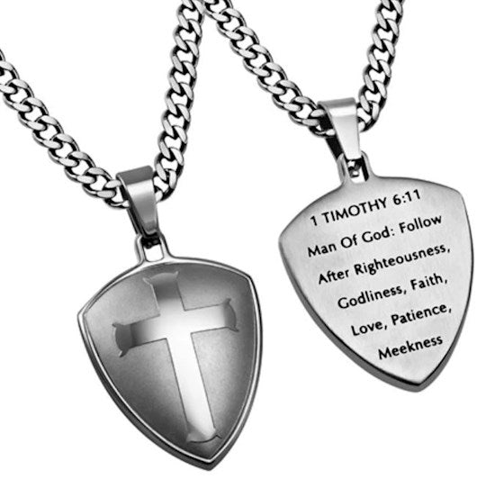 Shield Cross Man of God Necklace 20" | Men's Christian Jewelry | 1 Timothy 6:11