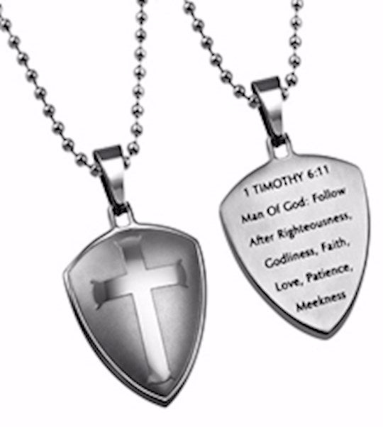 Silver R2 Shield Cross Man of God Necklace | Men's Christian Jewelry | 24" Chain