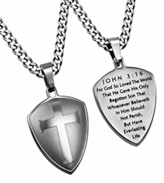 Silver R2 Shield Cross Necklace | John 3:16 Christian Jewelry | 24" Chain