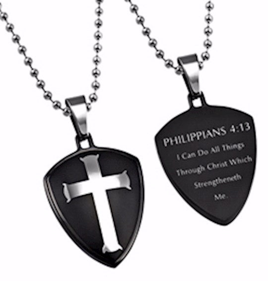 Shield Cross Christ My Strength Necklace | Men's Christian Jewelry | 24" Chain