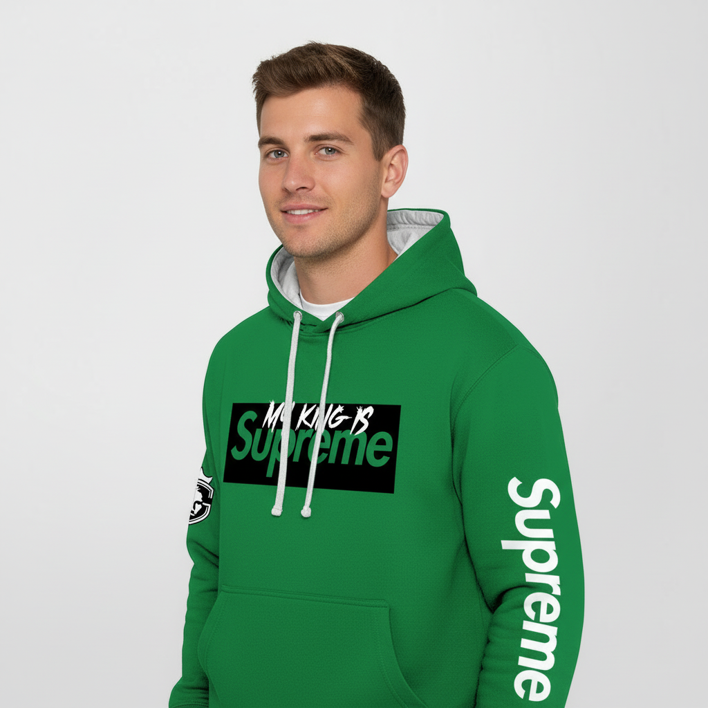 My King Is Supreme Unisex Kelly Green Hoodie with White Hood